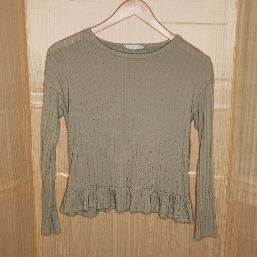 Lush Womens Green Stretchy Ribbed Long Sleeve Ruffle Top Large